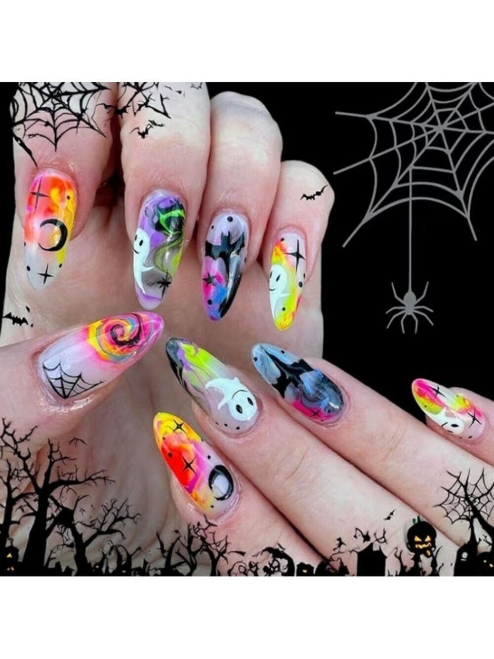 2/$10 Neon Halloween Ghost & Spiderweb Stiletto False Nail Set